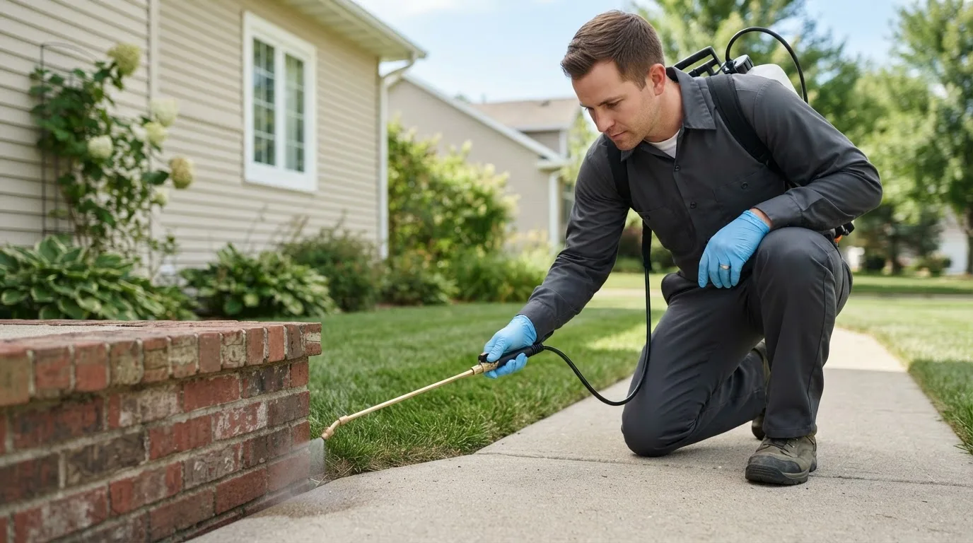 Pest control technician treating a home near Straughn, IN