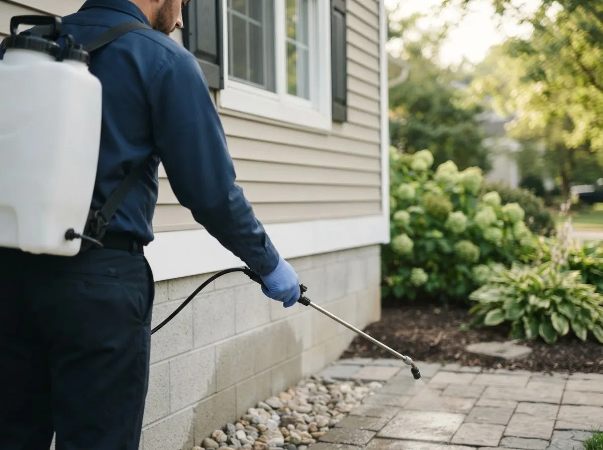 Pest control technician inspecting a home in Straughn, IN